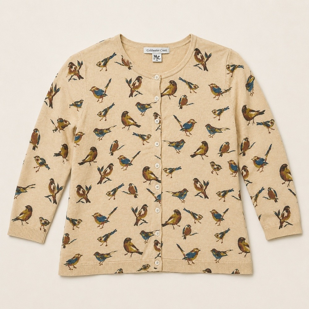 Coldwater Creek Bird‎ Print Cardigan Knit Beige XS Animals Wings Preppy Earthy
